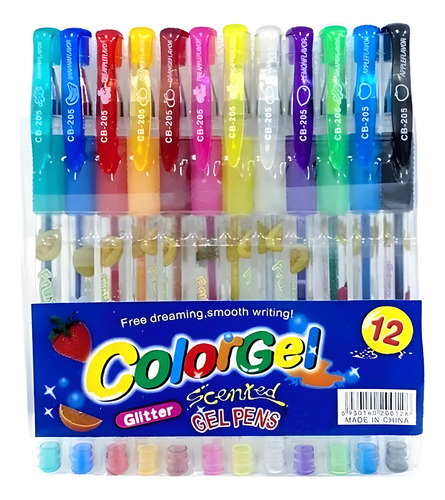 Kit 12 Canetas Gel Coloridas Perfumadas Glitter Neon Pastel