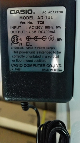 Imagen 2 de 4 de Adaptador Casio Para Teclado Casio Ac120v Dc7.5v Ad1ul