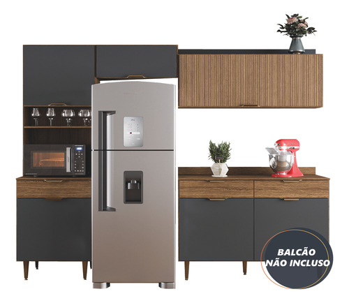 Armário de Cozinha Completa 4 Portas Ripado 3D 1 Gaveta Nicho Para Micro Ondas Madeirado e Grafite Vitória Batrol
