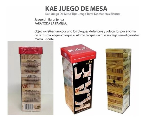 Kae Juego Mesa Tipo Jenga Torre De Maderas Original Bisonte
