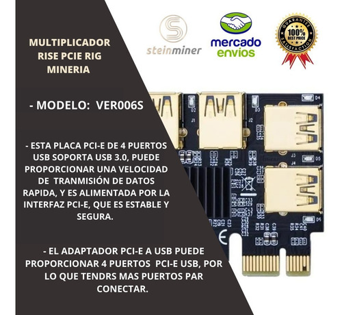 Imagen 4 de 10 de Multiplicador Riser Pcie 1x A 4 Usb3.0 Adaptador Rig Mineria