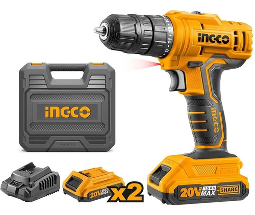 Taladro Atornillador 20 V Ingco Con 2 Baterías Torque 45 Nm Color Amarillo