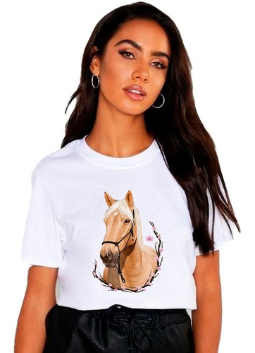 Polera Dama Estampada 100%algodon Caballo Con Flores 332