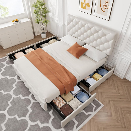 Base De Cama Matrimonial Idealhouse Tapizada En Lino Blanco