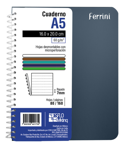 Cuaderno Poly Ferrini Espiral Europeo Libreta 80h Raya A5