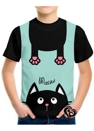 Camiseta De Gato Masculina Infantil Blusa Animal Preto