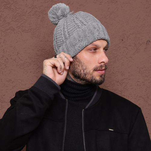 Touca De Crochê Com Pompom - Conforto Inverno Em Lã Estilo Cinza