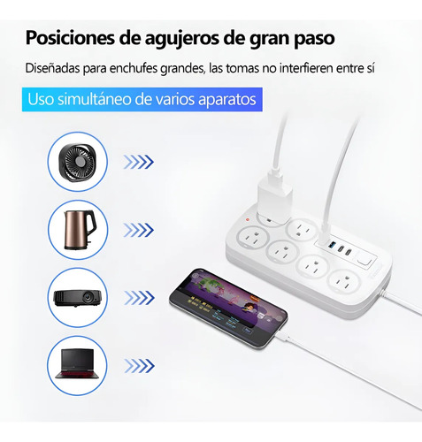 MOREKA EL10 Multicontacto de 6 tomas con usb color Blanco largo del cable de 1.2m 10A 127V
