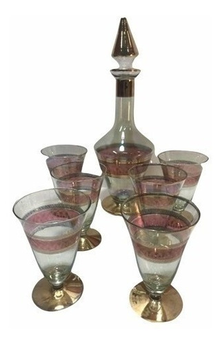 Jogo Para Vinho Em Cristal Antigo Decanter 6 Taças Raridade