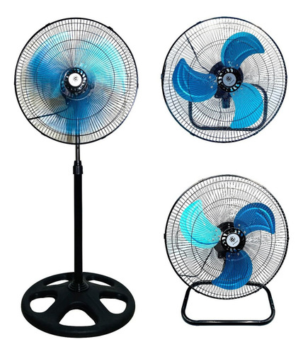 Ventilador Pedestal Piso Pared 3en1 Con 3 Aspas 18 Pulgadas 30 Cm Negro Azul Madera 3