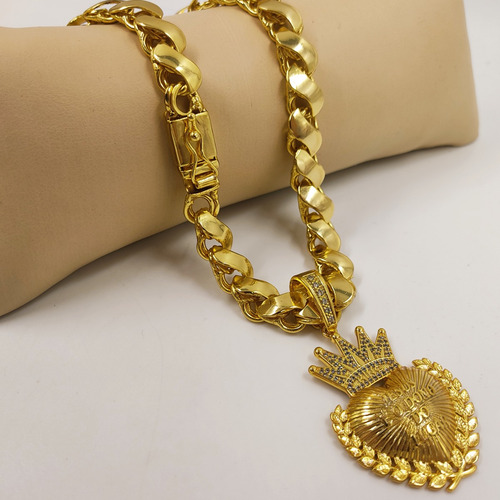 Colar Grosso Com Pingente Cravejado Moeda Antiga Banhada 18k Cor Dourado