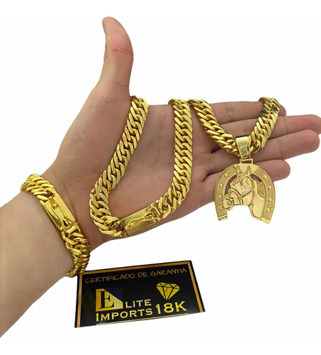 Cordão Pulseira E Pingente Cavalo Grumet Banhado A Ouro 13mm