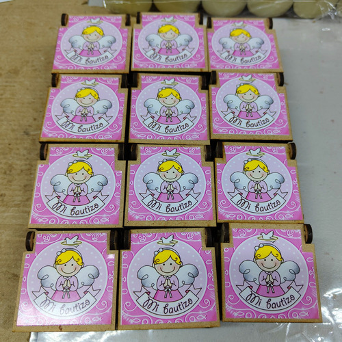 12 Pz Cajitas Mdf Recuerdos Bolos Bautizo Niña Rosa