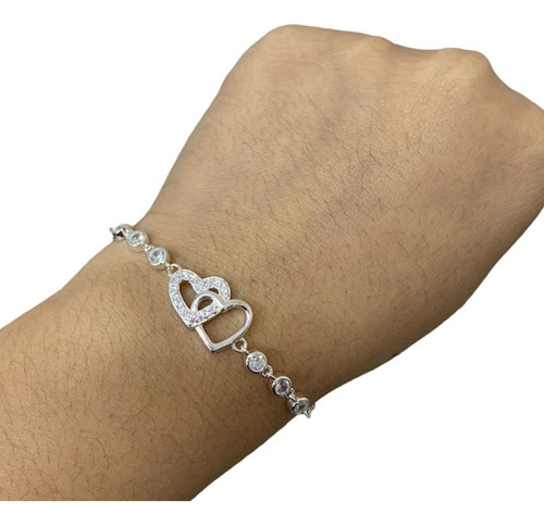 Pulsera Plata 925 Doble Corazón Zircones Mujer Regalo 