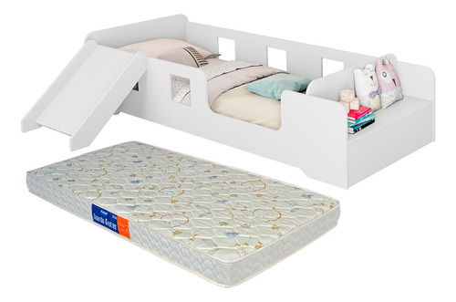 Mini Cama Montessoriana Com Colchão E Escorregador Manu Cor Branco