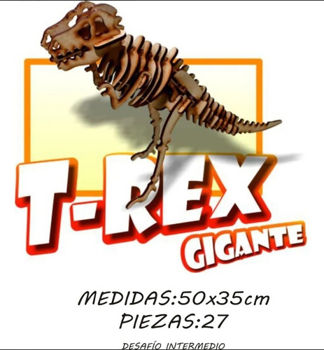 Imagen 2 de 4 de Esqueleto Dinosaurio T-rex 50 Cm De Madera Armar 3d La Plata