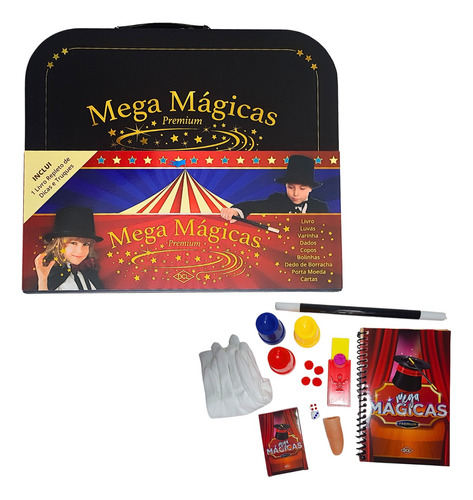 Kit De Magica Infantil Mega Magicas Premium Maleta Com Livro E Acessórios E Muitos Truques - Jogo De Magicas Para Crianças - Kit Infantil Estimula Criatividade, Habilidades Motoras