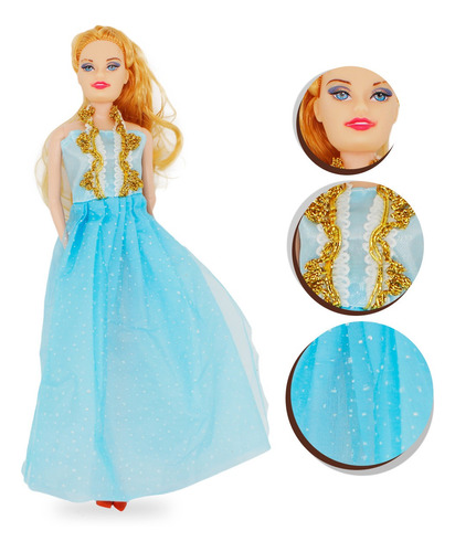 Imagem 1 de 7 de Boneca Estilo Barbie Fashion Loira Vestido Azul Classica
