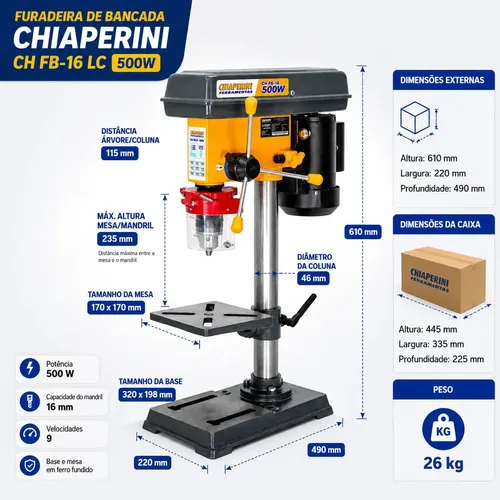 Furadeira de Bancada 500W Chiaperini CH FB-16 LC | Mandril 16 mm