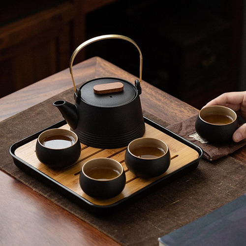 B Juego Té Viaje Cerámica Negra Con Una Tetera Y Cuatro Taza