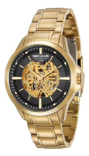 Relogio Seculus Masculino Automático Esqueleto Dourado 100m Cor do fundo Preto