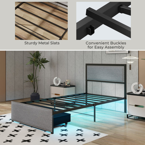 Cama Con Base De Almacenamiento Iluminada Y Base De Metal