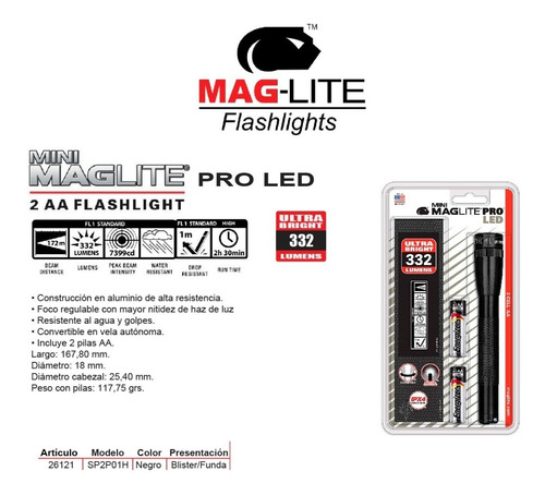 Imagen 3 de 5 de Linterna Led Maglite Mini Pro 332 Lumens 172mts +2 Pilas Aa