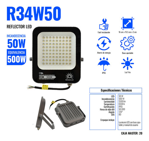 Pack De 2 Reflectores Led 50 Watts Luz Blanca Fría Protección Ip65 Base Ajustable Disipación De Calor Ahorro De Energía Ideal Para Exteriores