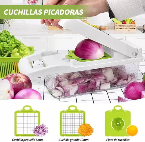 Picadora de Verduras, Cortador de Verduras Multifuncional 12 en 1, Cortador  de Verduras de Cocina con Recipiente para Alimentos y Cepillo de Limpieza  para Cebolla, Tomate, Fruta, Ensalada y Queso : .com.mx