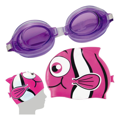 Óculos De Natação Infantil Roxo + Touca De Peixinho Rosa