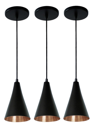 Lustre Pendente Balcão Cozinha Preto Cobre 03 Un