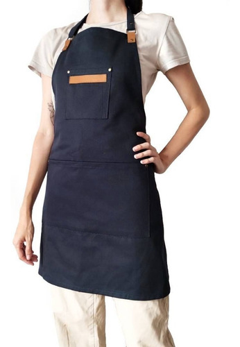 Delantal Gabardina Azul Y Cuero Vacuno Genuino Cocina Hogar