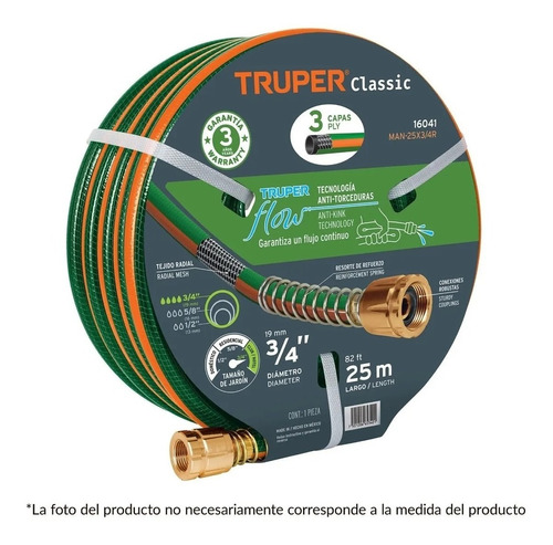 Manguera 1/2, Reforzada 3 Capas, Conexiones Truper Tru16030