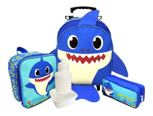Kit Mochila Infantil Baby Shark Rodinha Tam M Papai Tubarão Azul