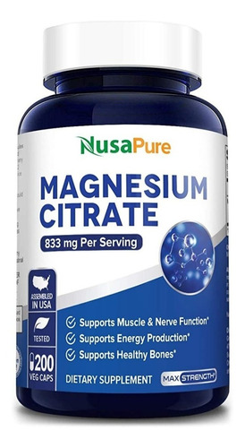Magnesio Citrato 833mg / 200capsulas Sin Gluten