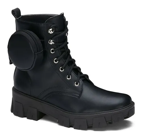 Botas Andrea Mujer Negras Combat Boot Chunky Lace Up Bolsita