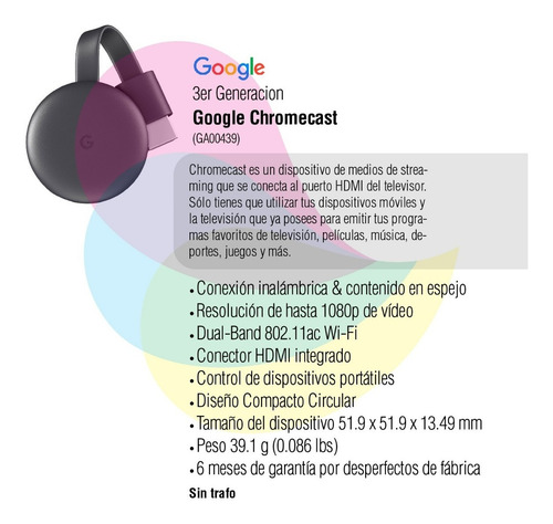 Imagen 2 de 8 de Google Chromecast 3.ª Generación Full Hd Carbón Ga00439 Cuo