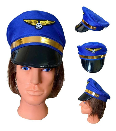 Kit 2 Chapéus Quepe De Aviador Piloto Azul Cosplay Carnaval