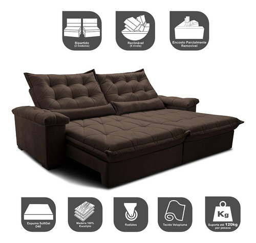 Sofá Retrátil 2,55m Cama Inbox Big Fresh. Com Softgel d40 Cor Café
