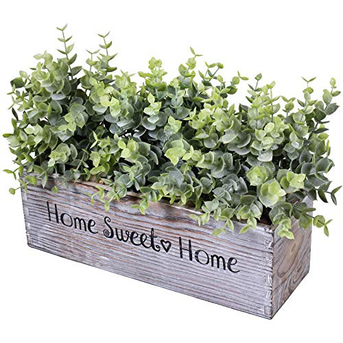 Planta De Plastico Eucalipto Con Maceta Rustica Madera Gris Verde