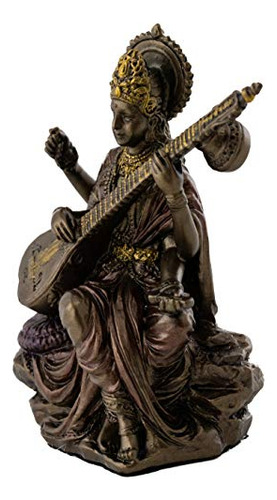 Mini Estatua Saraswati Diosa Hindú Bronce 3 Pulgadas.