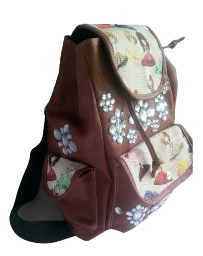 Imagen 8 de 10 de Mochila Marron Estampada Cuero Pu 3 Bolsillos Gran Capacidad