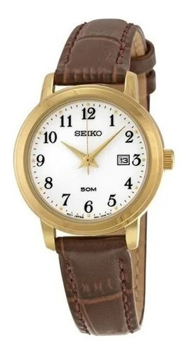Reloj Quartz Seiko Mujer Sur822 Dorado Cuero Sumergible 50m Color De La Malla Marrón Color Del Fondo Blanco