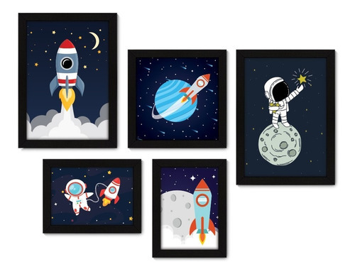 Kit Com 5 Quadros Decorativos - Foguete Astronauta Infantil Cor Moldura Preta