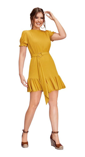 Vestido Dama Amarillo Mostaza Plisado 905-40