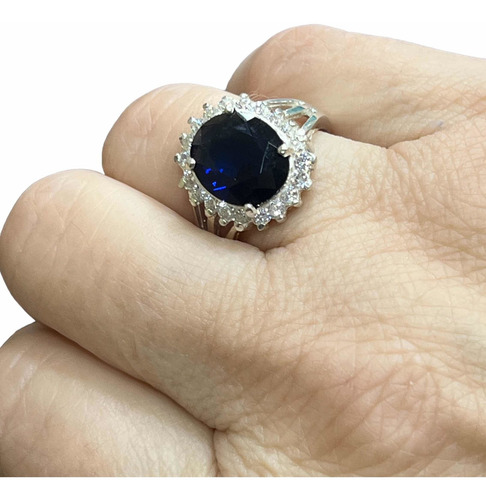 Anillo De Plata 925 Con Piedras Zafiro Azul Y Piedras Cubic