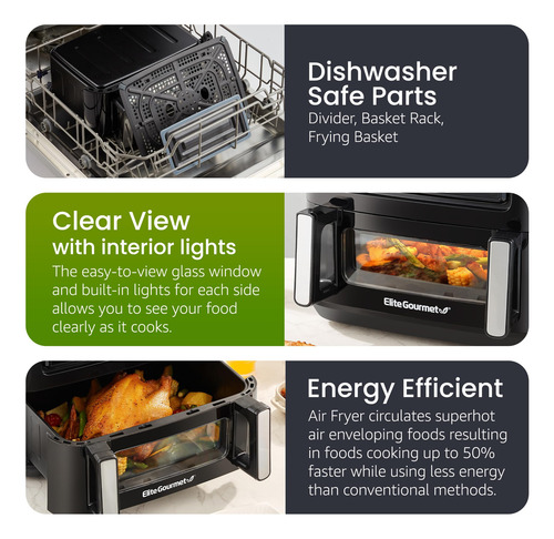Freidora Elite Gourmet Eaf1055d, 11 Litros, Doble Zona, 1600