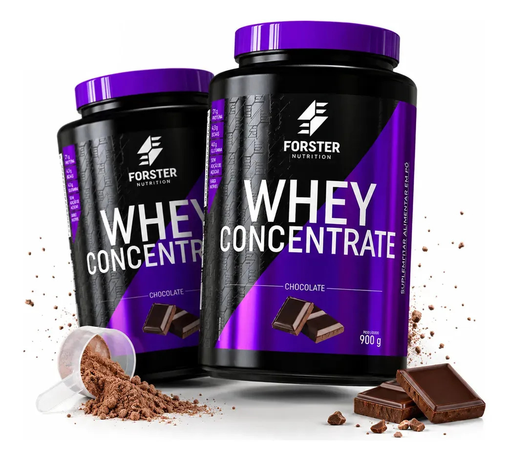 Whey Protein Concentrado Pote 900g - Forster Nutrition Sabor Chocolate Proteína Massa Muscular Pós Treino BCAA Força Academia Proteina