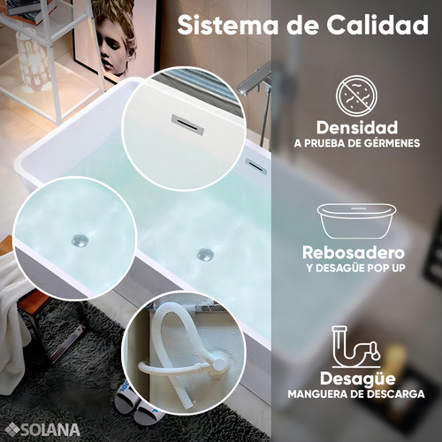 Solana Tina Para Baño Modelo Azalea 170x80x60 Cm Blanco Rectangular De Acrílico Solido Slim / Bañera Alto Brillo Para Cuarto De Baño