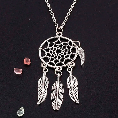 Colar Feminino Gargantilha Mandala 4 Penas Prateado Sonhos